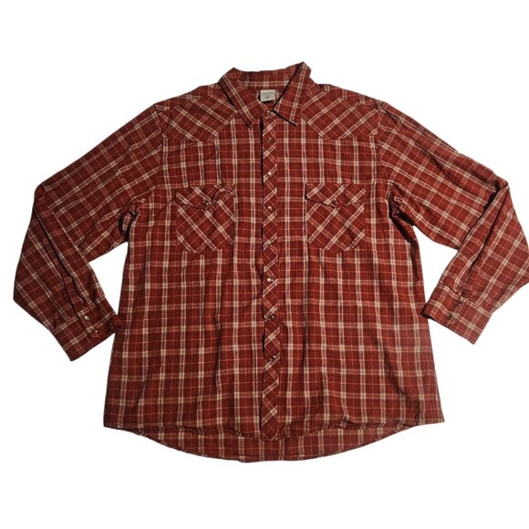 Old Navy Pearl Snap Shirt Western Red Black Plaid Rodeo Cowboy Mens XXL‎ 2XL EUC - Picture 1 of 13